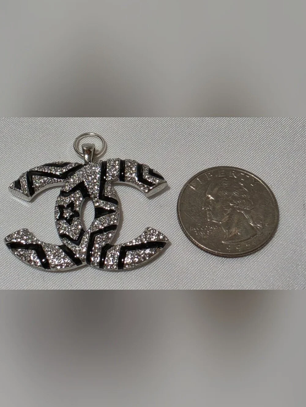 CHANEL Black and Silver Crystal CC Logo Pendant Charm
